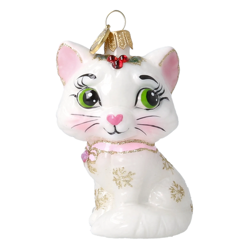 Little Cat in Pearl & Pink | Hand-Painted Glass Ornament | Blubom 2027-008