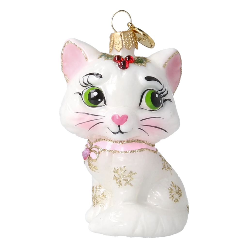 Little Cat in Pearl & Pink | Hand-Painted Glass Ornament | Blubom 2027-008