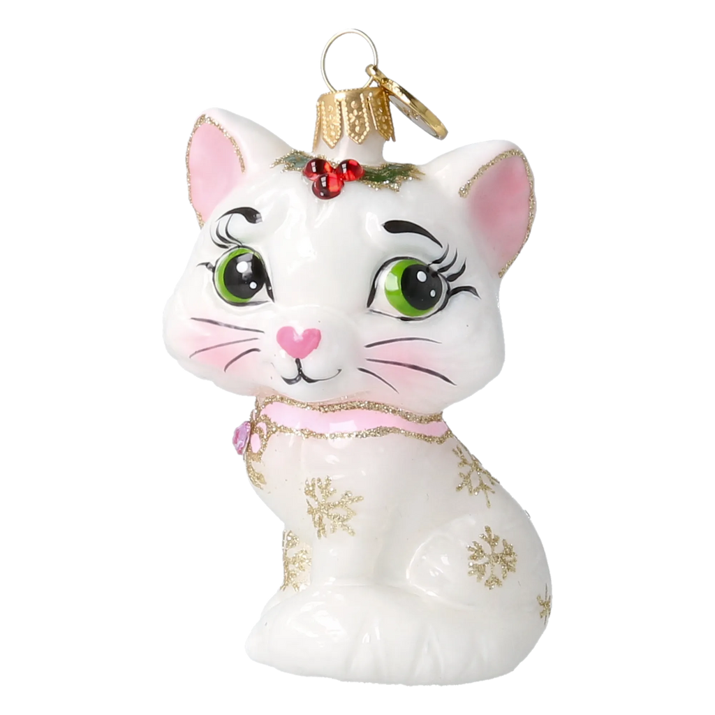 Little Cat in Pearl & Pink | Hand-Painted Glass Ornament | Blubom 2027-008