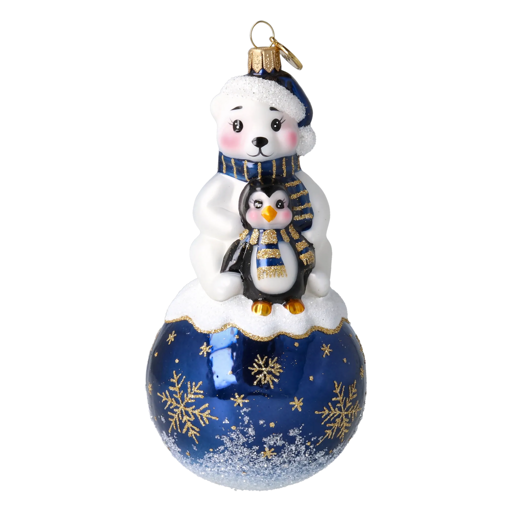 Snowy Bear Duo in Navy Blue | Hand-Painted Glass Ornament | Blubom 2027-010