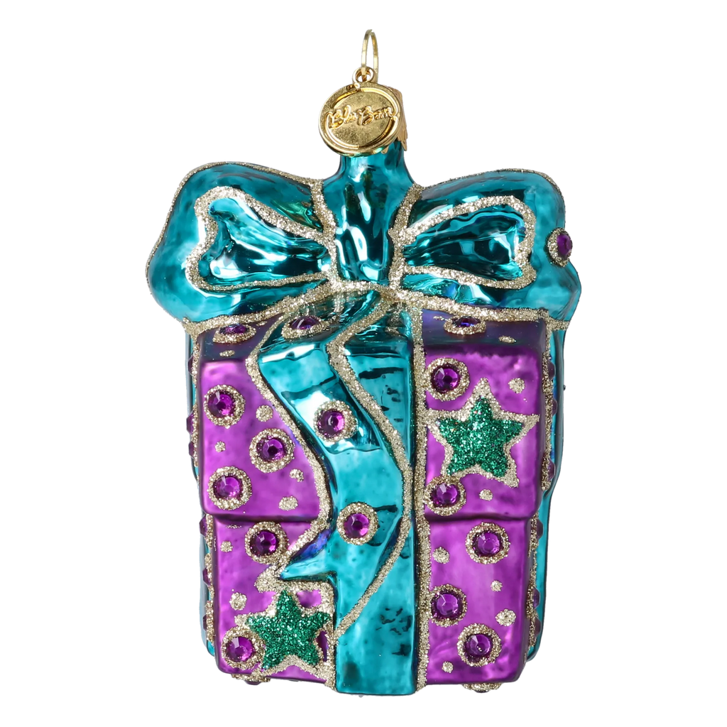 Bundled Gift in Turquoise & Violet | Hand-Painted Glass Ornament | Blubom 2027-026