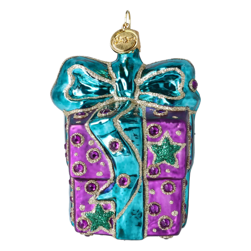 Bundled Gift in Turquoise & Violet | Hand-Painted Glass Ornament | Blubom 2027-026
