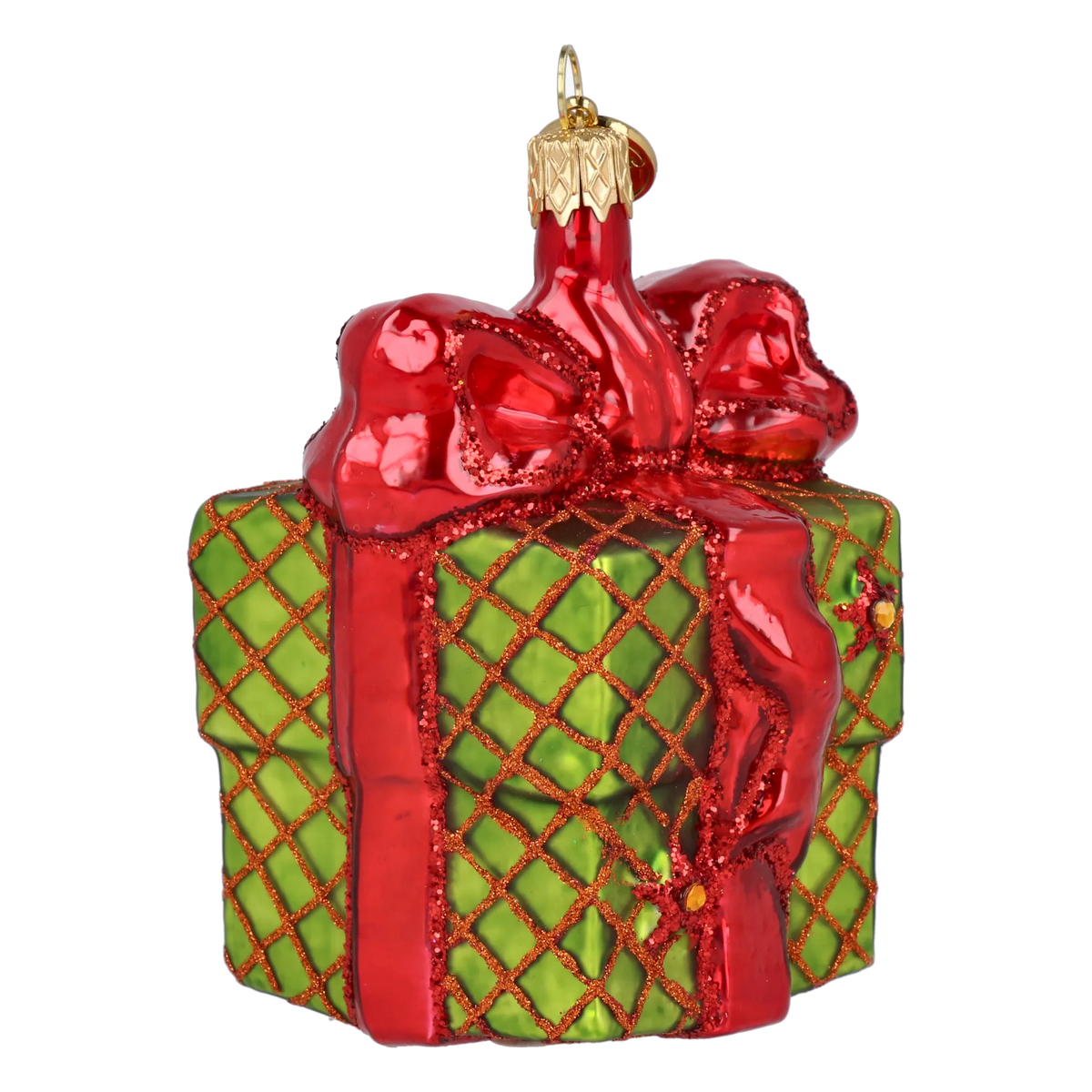 Bundled Gift in Crimson & Lime | Hand-Painted Glass Ornament | Blubom 2027-033