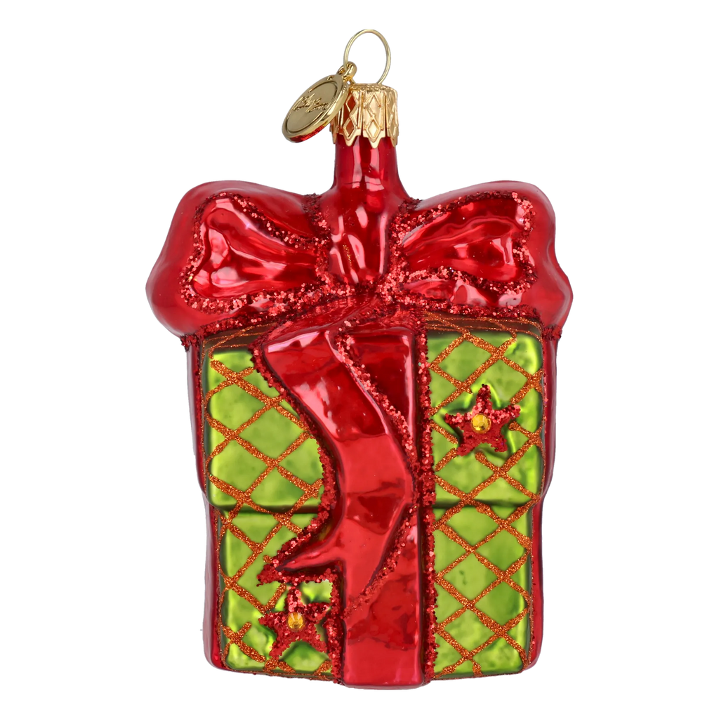 Bundled Gift in Crimson & Lime | Hand-Painted Glass Ornament | Blubom 2027-033