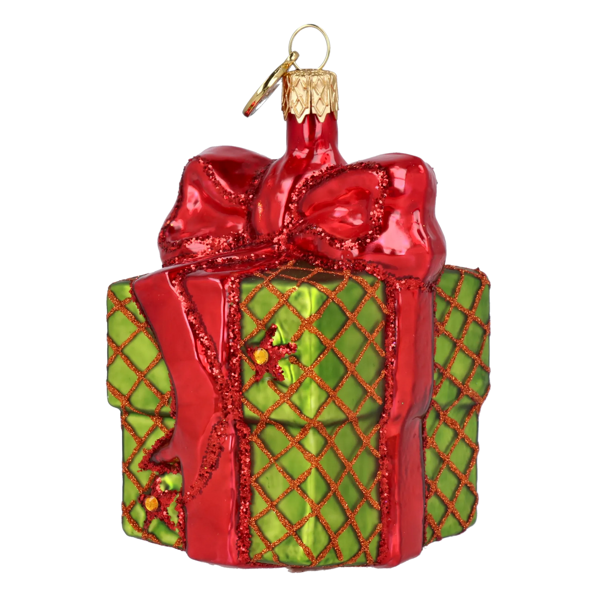 Bundled Gift in Crimson & Lime | Hand-Painted Glass Ornament | Blubom 2027-033