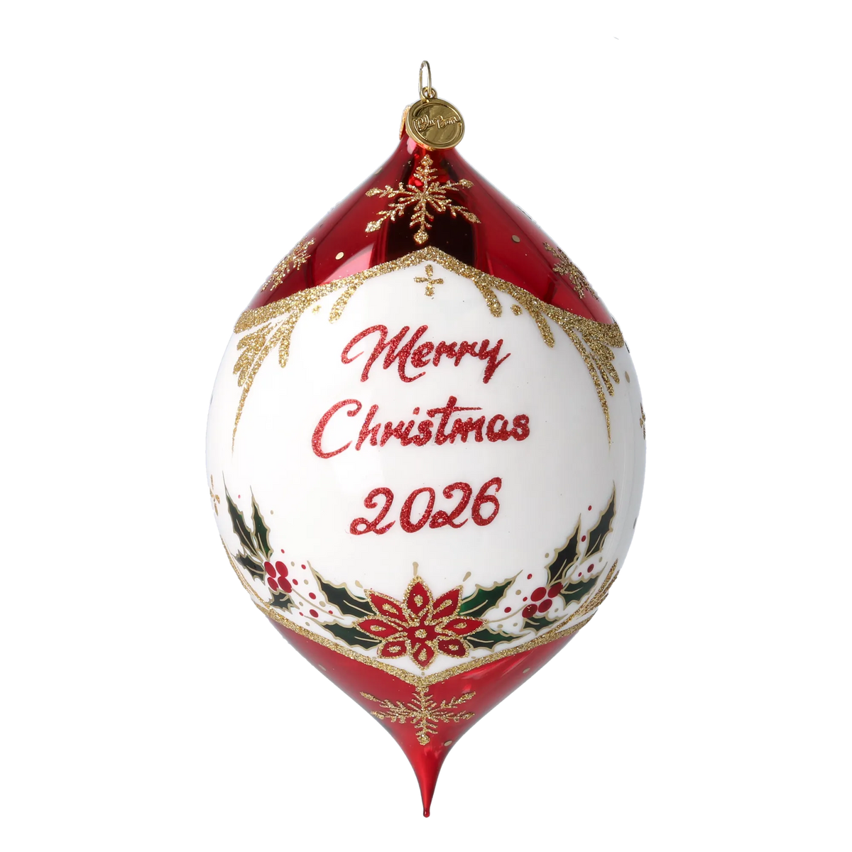 Personalized Winter Holly Drop in Ruby | Hand-Painted Glass Ornament | Blubom 2027-034