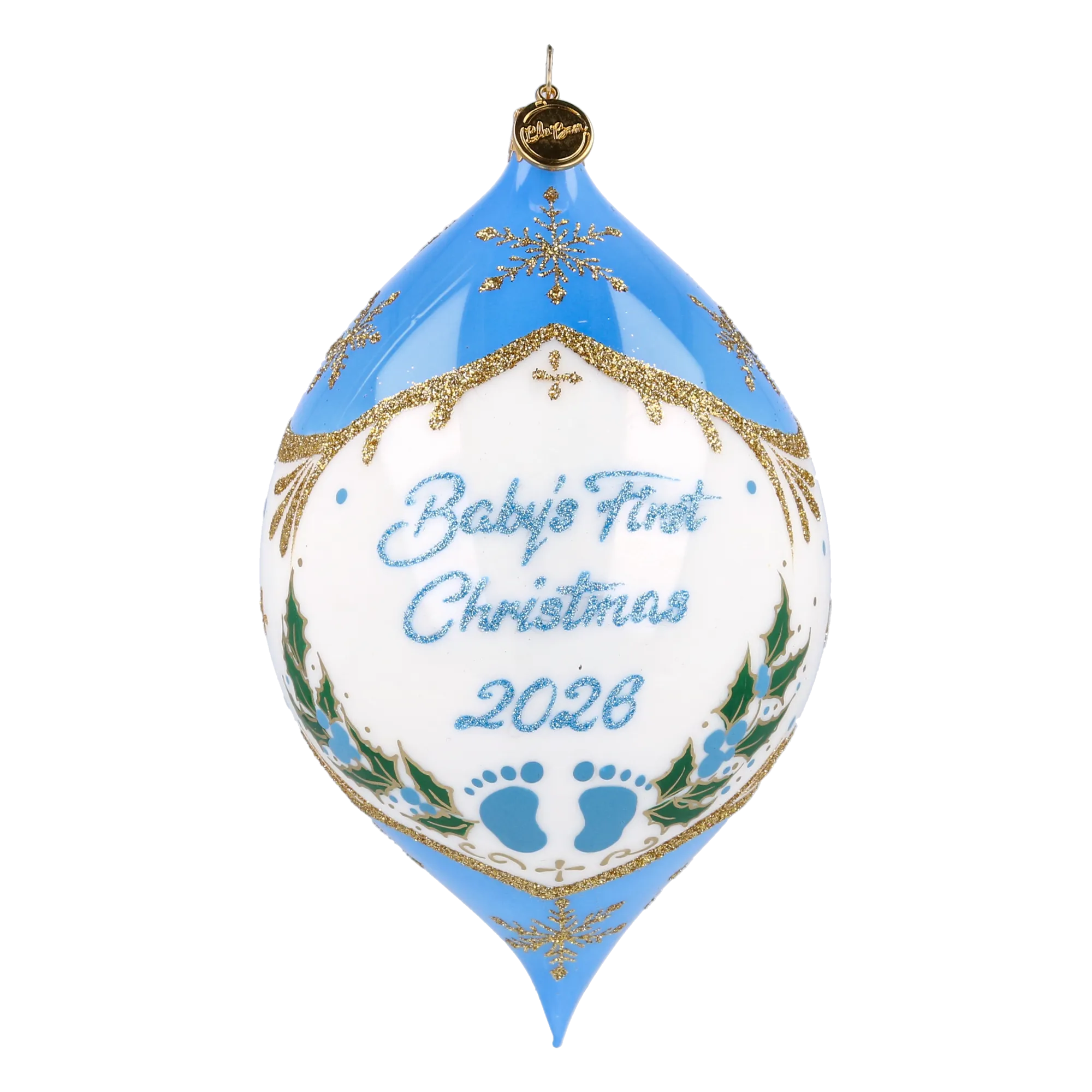 Personalized Winter Holly Drop in Sky | Hand-Painted Glass Ornament | Blubom 2027-036
