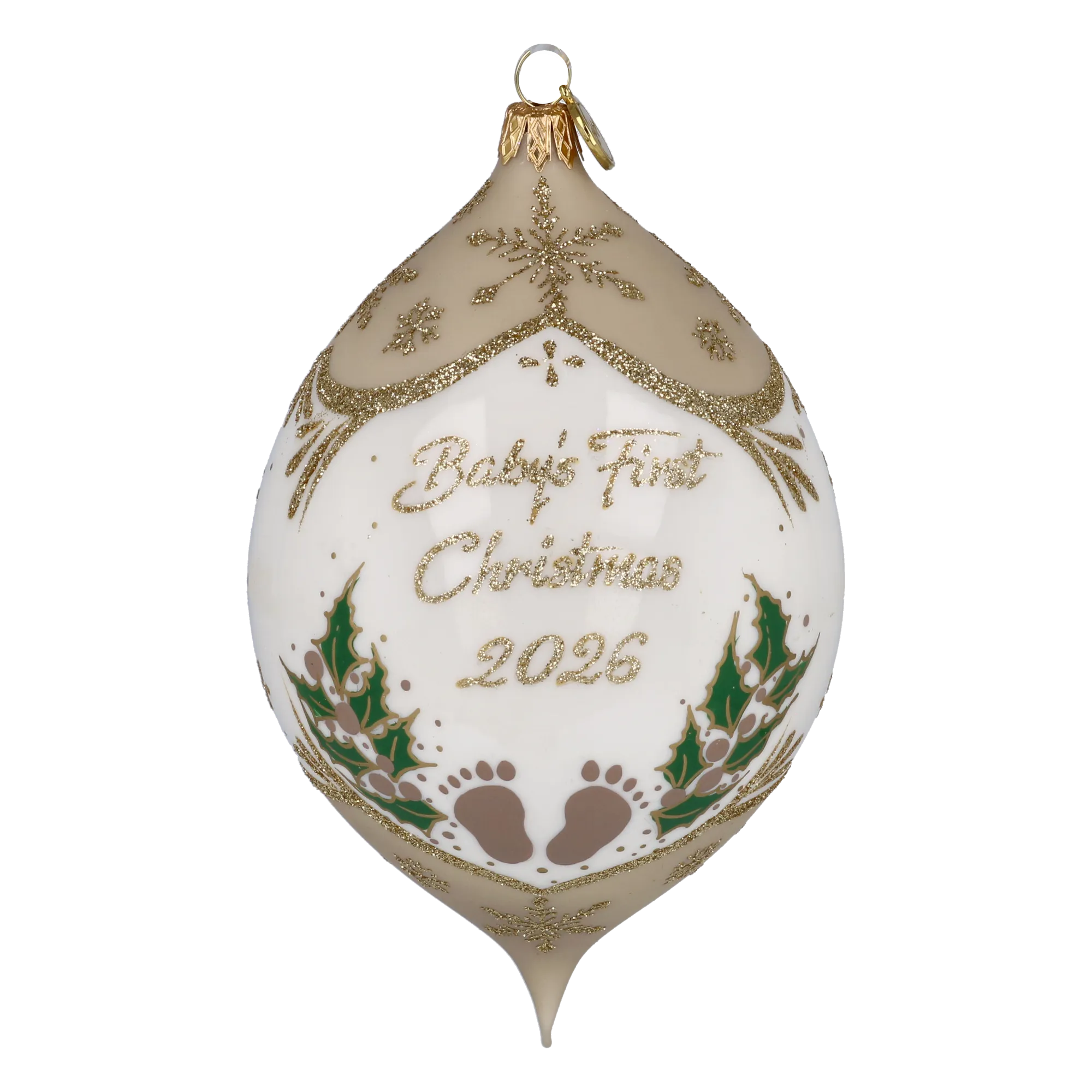 Personalized Taupe Winter Holly Drop - Baby's First Christmas