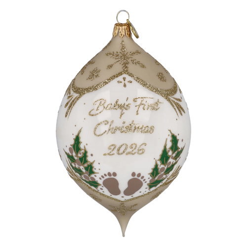 Personalized Taupe Winter Holly Drop - Baby's First Christmas | Hand-Painted Glass Ornament | Blubom 2027-037
