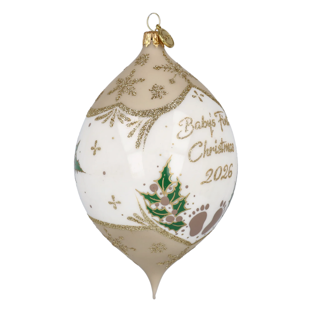 Personalized Taupe Winter Holly Drop - Baby's First Christmas | Hand-Painted Glass Ornament | Blubom 2027-037