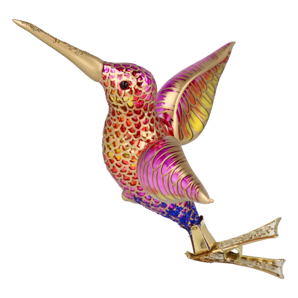 Hovering Hummingbird in Gilt & Magenta | Hand-Painted Glass Ornament | Blubom 2027-047