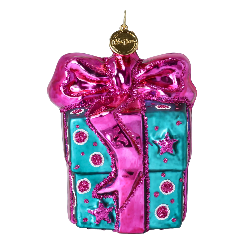Bundled Gift in Teal & Fuchsia | Hand-Painted Glass Ornament | Blubom 2027-056