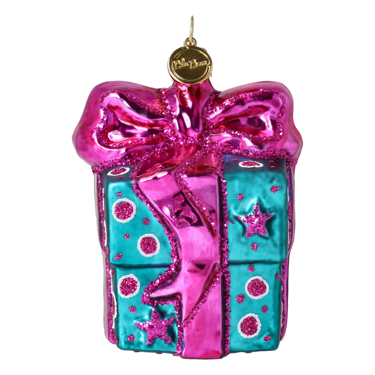 Bundled Gift in Teal & Fuchsia | Hand-Painted Glass Ornament | Blubom 2027-056