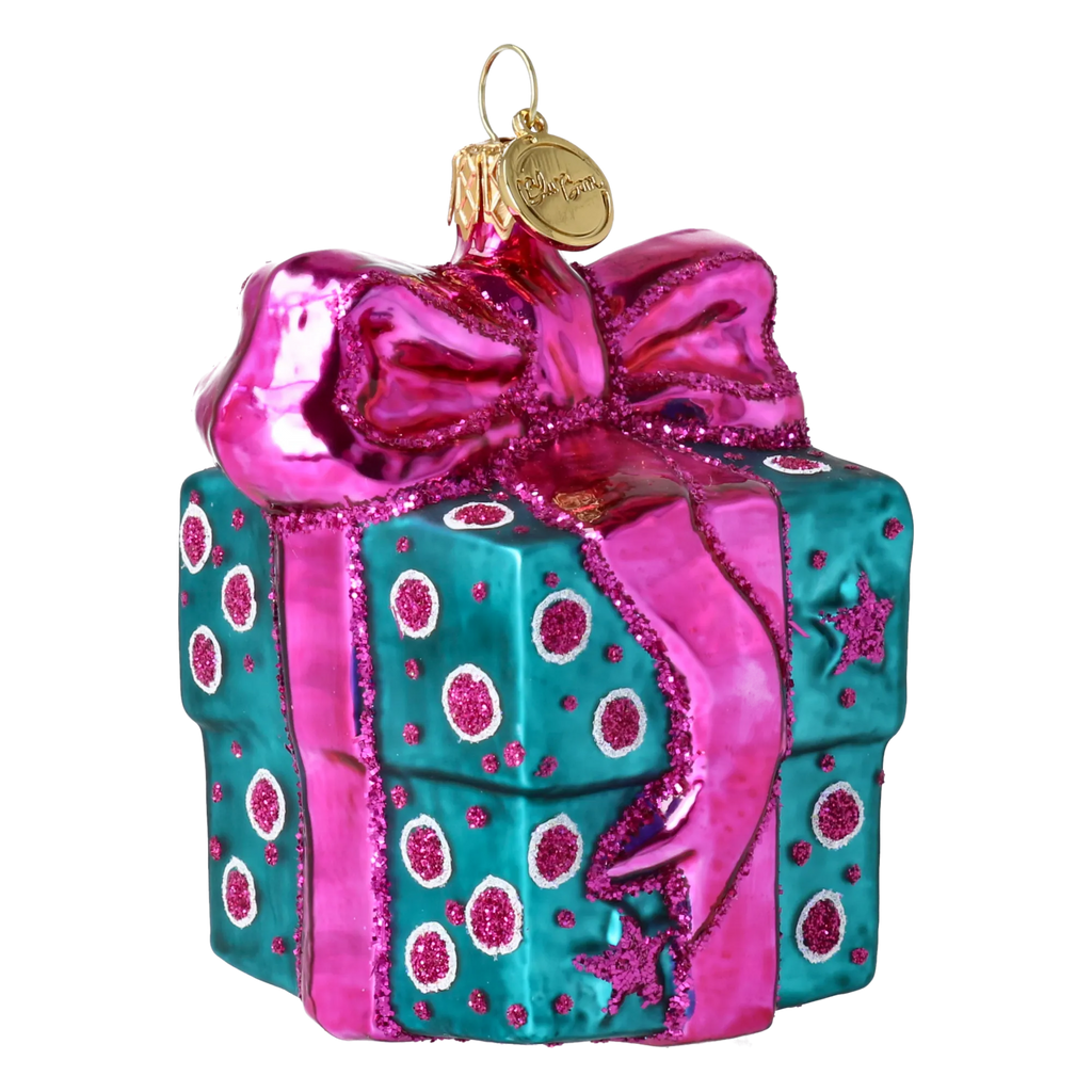 Bundled Gift in Teal & Fuchsia | Hand-Painted Glass Ornament | Blubom 2027-056