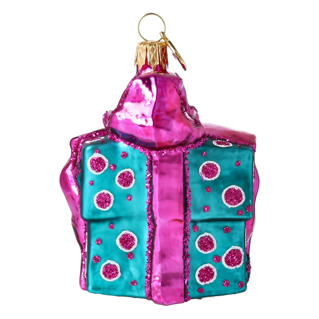 Bundled Gift in Teal & Fuchsia | Hand-Painted Glass Ornament | Blubom 2027-056